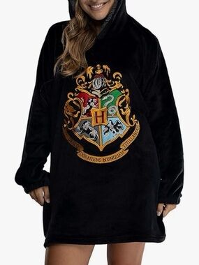 Harry Potter Hogwarts Black Fleece Sherpa Lined Hooded Lounge Top Size Adult S/M